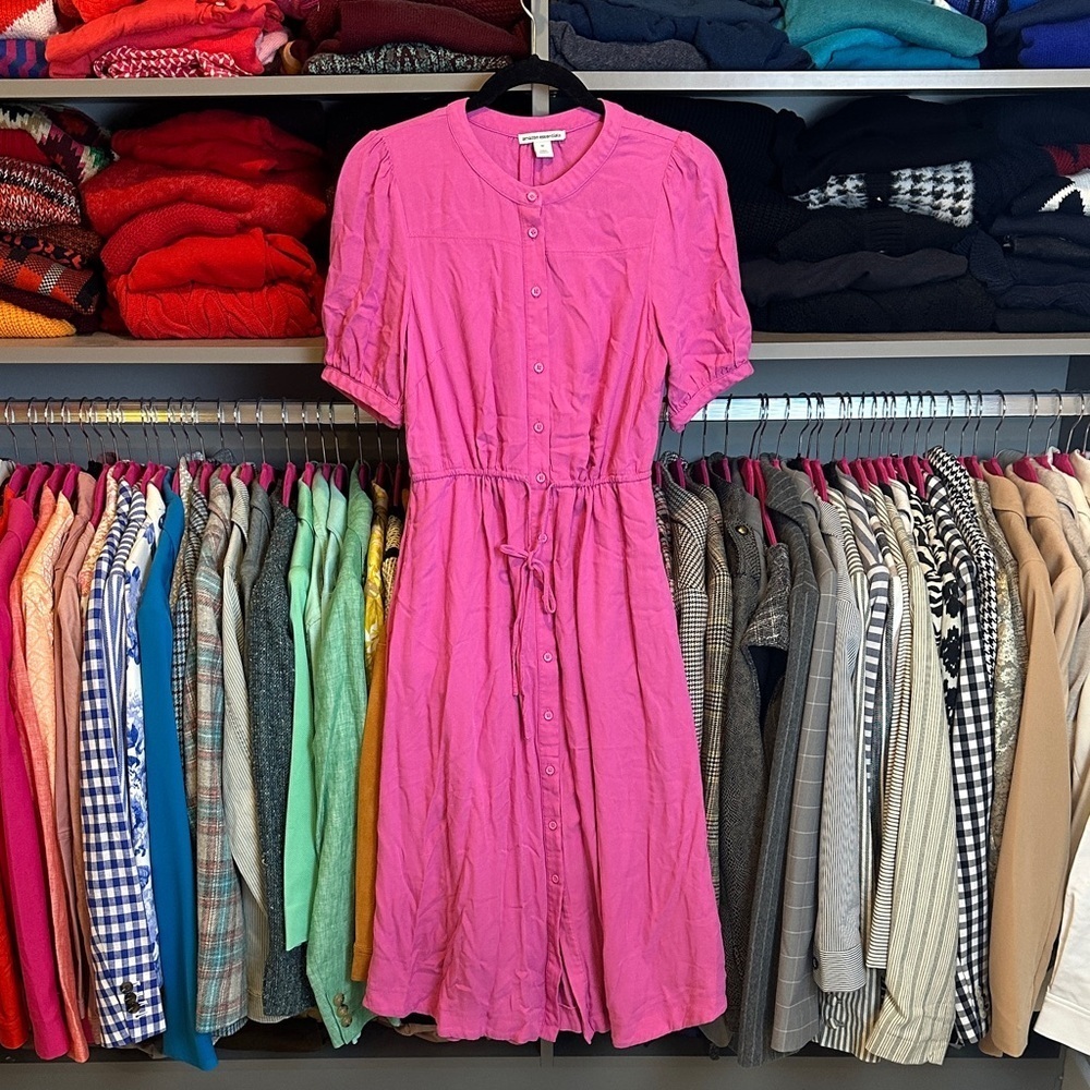 Amazon Essentials pink short sleeve cinch tie waist button down midi dress XS